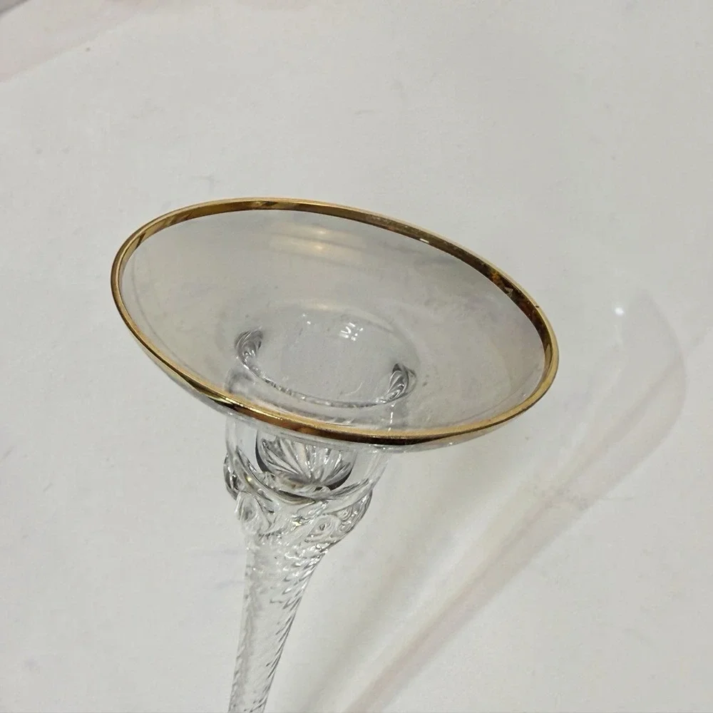 Crystal 2 Tier Tall Candlestick Holders Gold Rim Twisted Stem 8